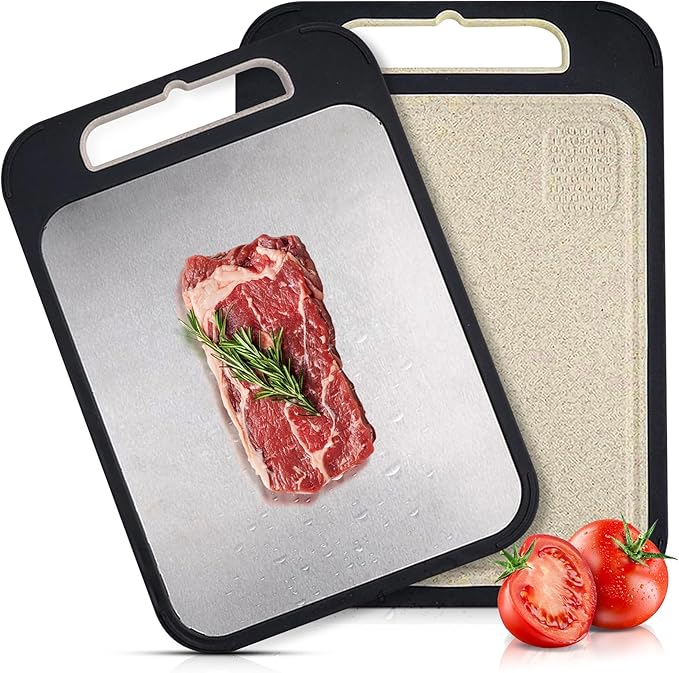 Double-Sided Cutting Board - Stainless Steel Cutting Board - Wheat Straw for Kitchen, for Meat, Veggies & Fruits – Metal Chopping Board with Easy Grip Handle, Dishwasher Safe (1, Large)