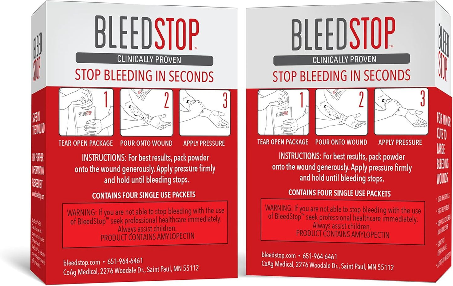 BleedStop First Aid Powder for Blood Clotting, Trauma Kit, Blood Thinner Patients, Camping Safety, and Survival Equipment for Moderate to Severe Bleeding Wounds or Nosebleeds (Double 4 Pack 15g)