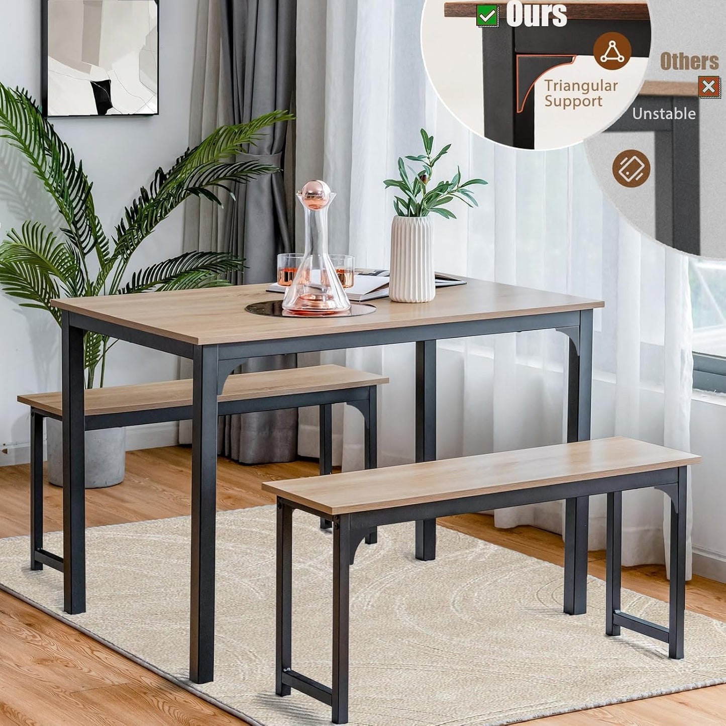 Nafort 3-Piece Dining Table with Benches, Modern Wood Kitchen Table & Benches Set for 4-6 Person, Metal Frame & Wood Tabletop Kitchen Dining Room Furniture Set, Natural &Black