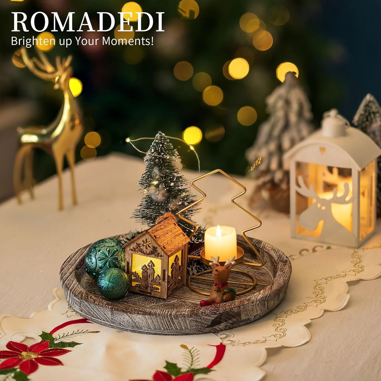 Romadedi Rustic Wooden Tray Candle Holder - Small Decorative Plate Pillar Candle Tray Wood for Farmhouse Dinning Table Kitchen Countertop Coffee Table Organizer Home Decor, Washedwhite,11inch