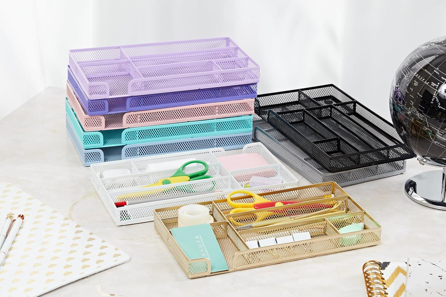 Annova Desk Drawer Organizer Tray for Office Organization - Metal Mesh - Storage Tray with Dividers for Pens, Desktop Accessories, Bathroom, Kitchen, Makeup and Office Supplies (Small) (Turquoise)