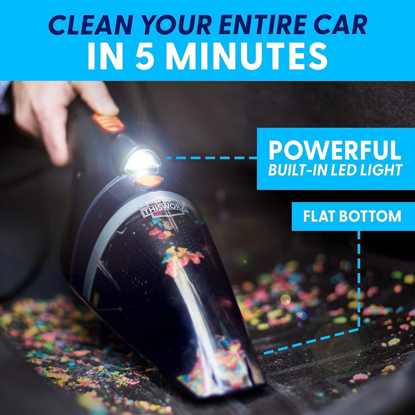 ThisWorx Car Vacuum Cleaner - LED Light, Portable, High Power Handheld Vacuums w/ 3 Attachments, 16 Ft Cord & Bag - 12v, Auto Accessories Kit for Interior Detailing - Black