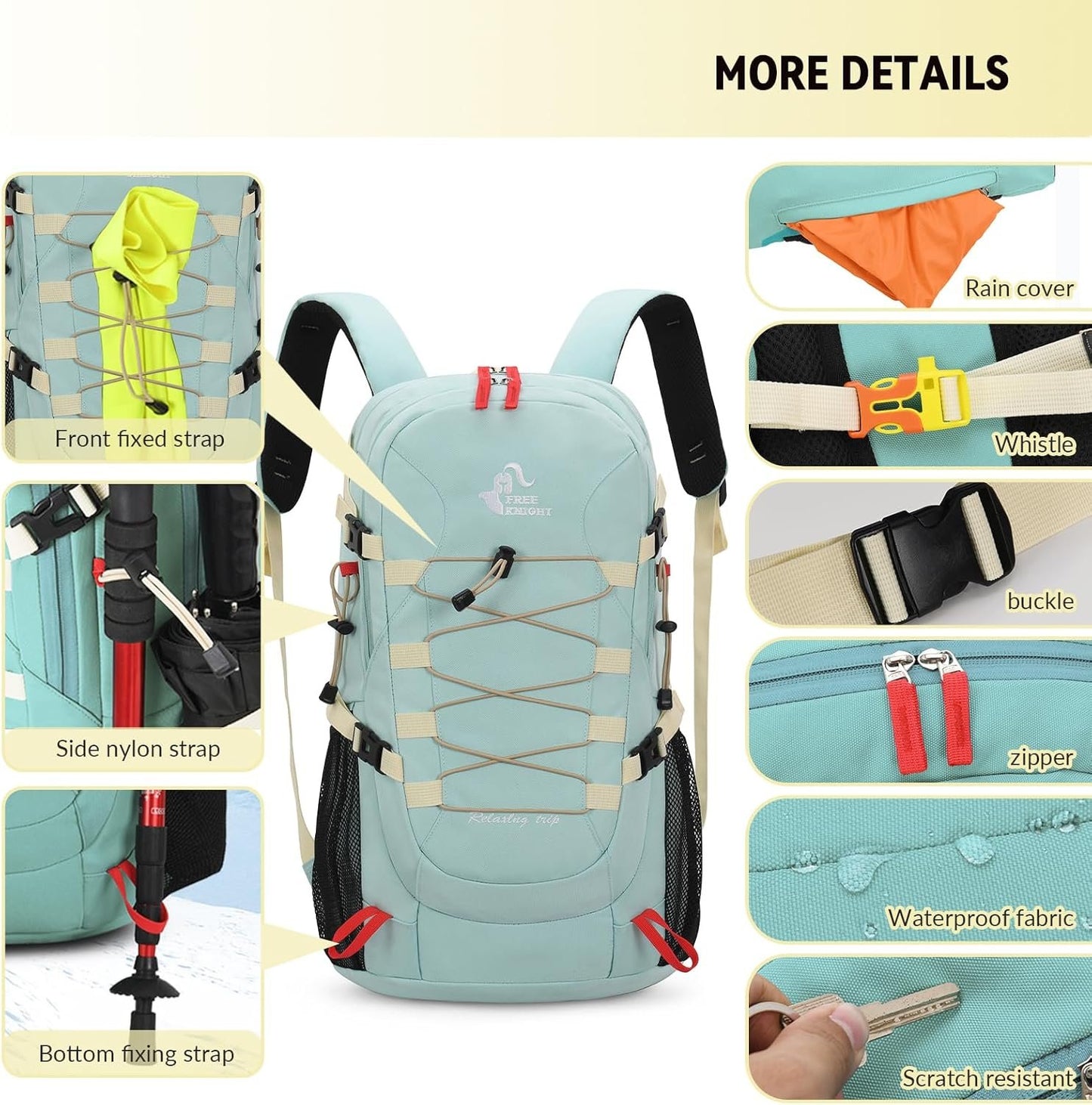 Bseash 40L Waterproof Hiking Camping Backpack with Rain Cover, Lightweight Outdoor Sport Travel Daypack for Climbing Skiing