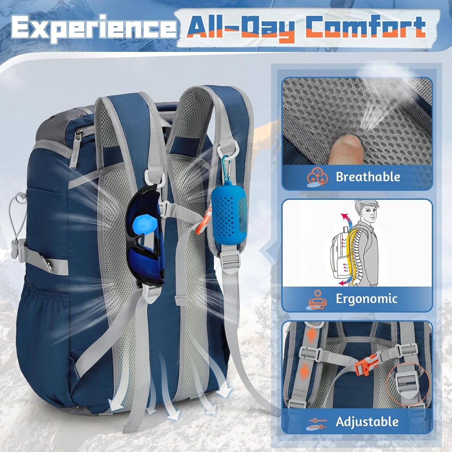 RAINSMORE Packable Hiking Backpack for Men Women Foldable Camping Backpack 40L Waterproof Hiking Daypack Lightweight