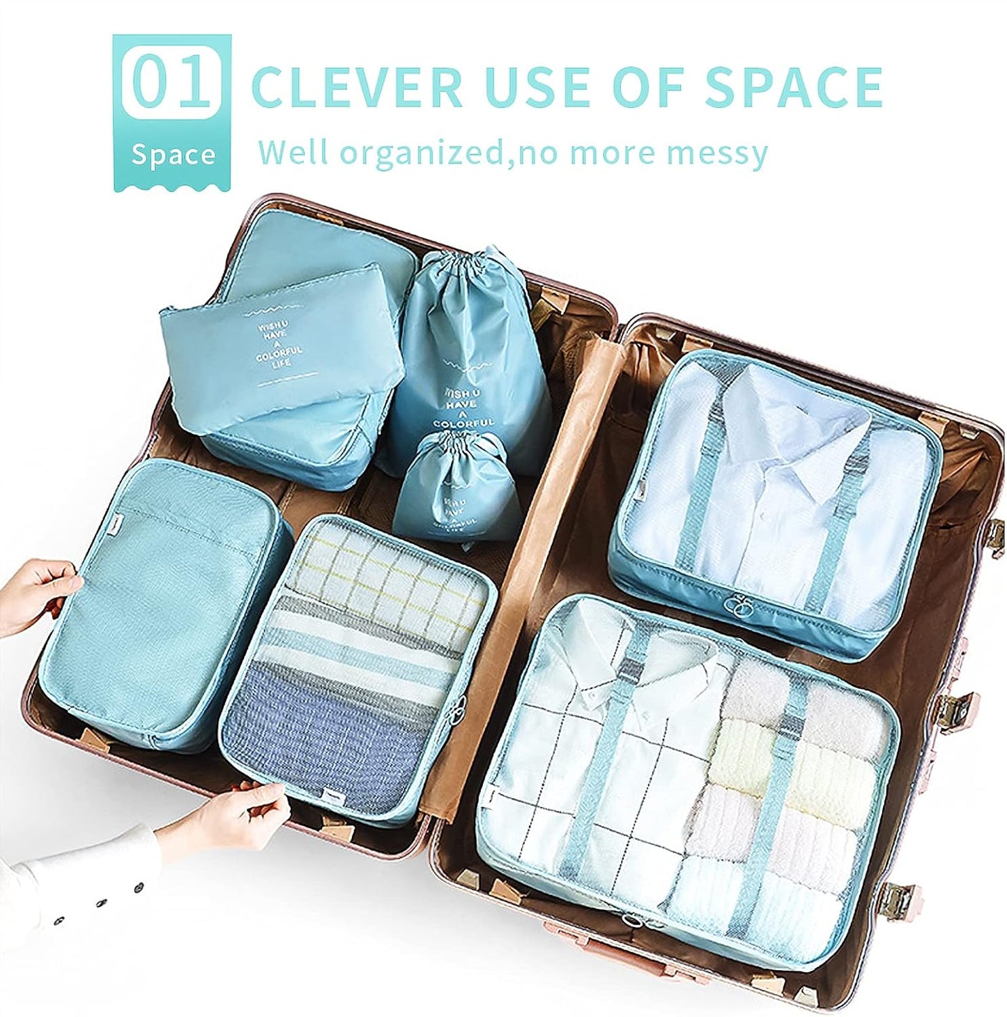 McNory Suitcase Organizer Set of 8, Travel Organizers Cubes Packaging Laundry Bag Luggage Compression Bags for Clothes, Cosmetics, Shoes, Underwear, blue