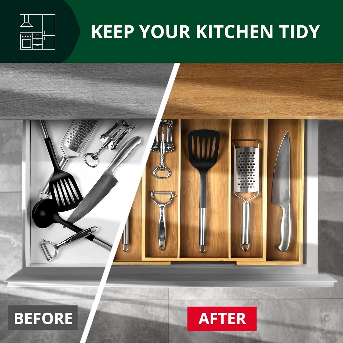 Bamboo Kitchen Drawer Organizer - Expandable Silverware Organizer/Utensil Holder and Cutlery Tray with Grooved Drawer Dividers for Flatware and Kitchen Utensils (Natural, 5 Slots)