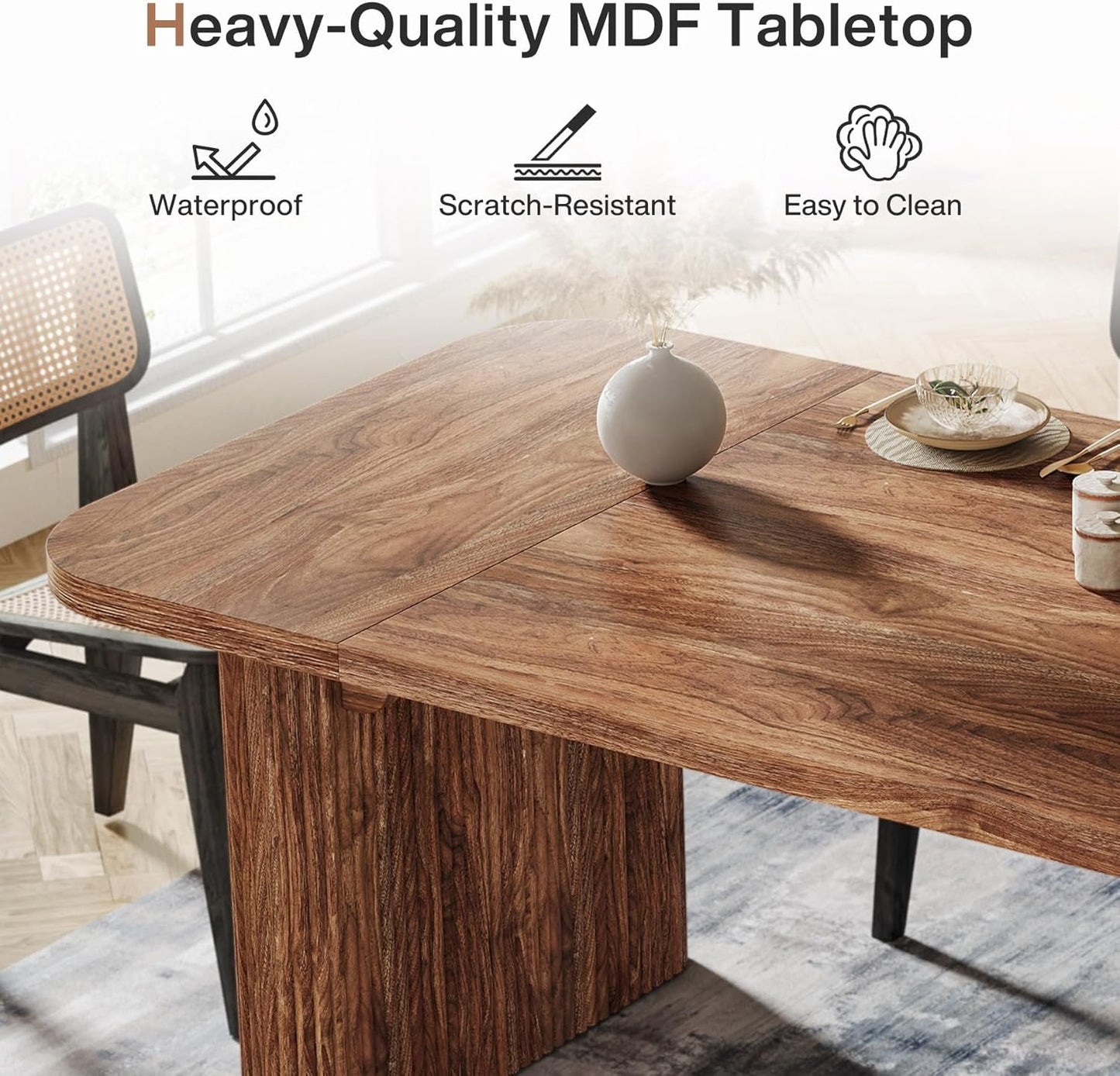 Tribesigns Farmhouse Dining Table for 4-6 People, 62-Inch Modern Kitchen Table with Double Robust Pedestal, Long Rectangular Wooden Dinner Table for Dining Room (Only Table) (Brown)
