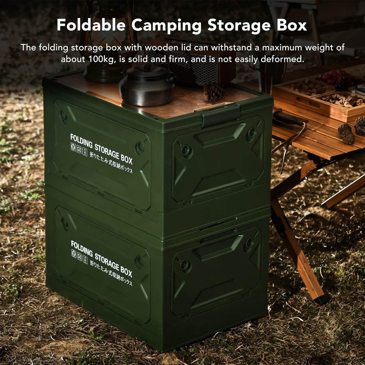 Wheeled Camping Storage Box, Folding 50L 100kg Load Multifunction Lidded Storage Bin Trunk Organizer with Lid, Camping Storage Containers for Outdoor Car Picnic Garage Home (OD Green)