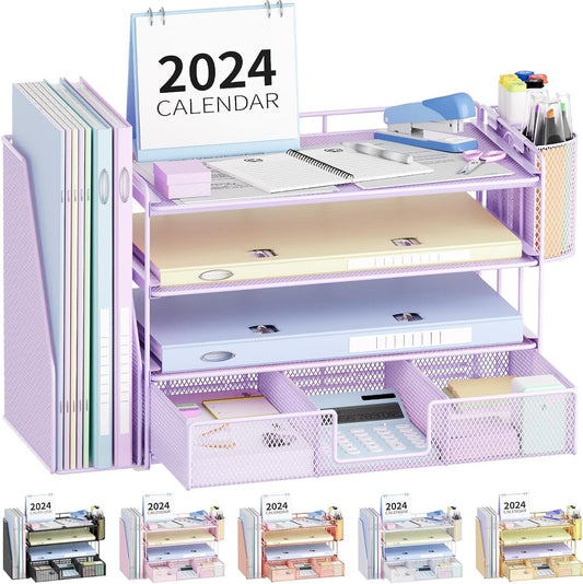 OPNICE Desk Organizer and Accessories, 4-Tier Desktop File Organizer with Drawer and 2 Pen Holders, Office Desk Accessories for Office Supplies(Purple)
