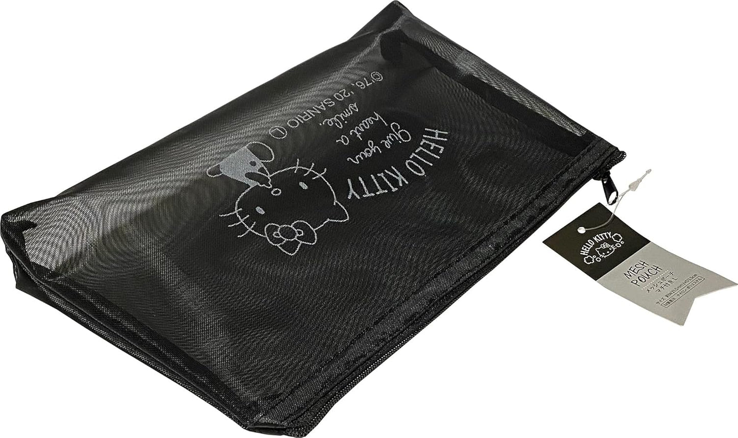Sanrio Hello Kitty Accessories Cosmetic Mesh Nylon Polyester Pouch Zipper Case Bag with Gusset 21.5×13×3.5cm (Simple), Black