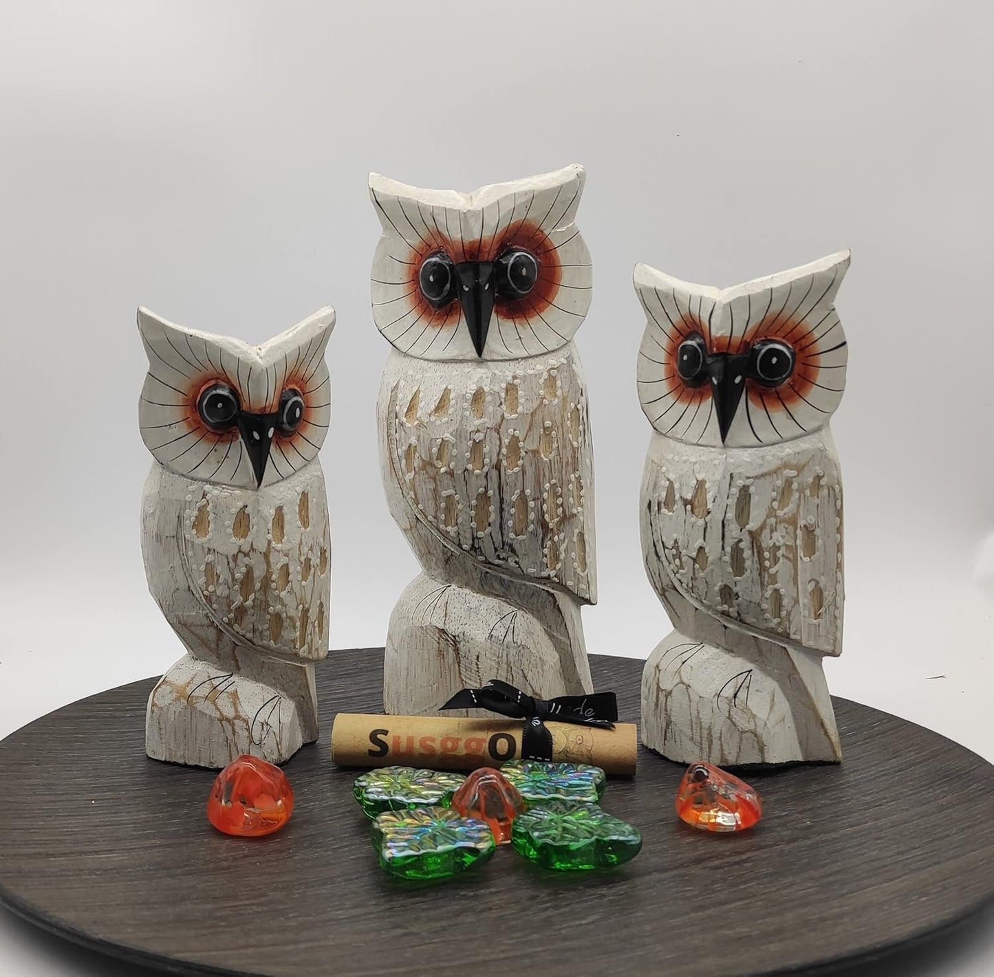 SusggO Set of 3 Wooden Animal Figurines, Lucky Owl, Lucky Cat, Turtle, Fish, Decoration, Hand Carved Furniture Decoration (3 Owls White Wings Dots Mod 1)