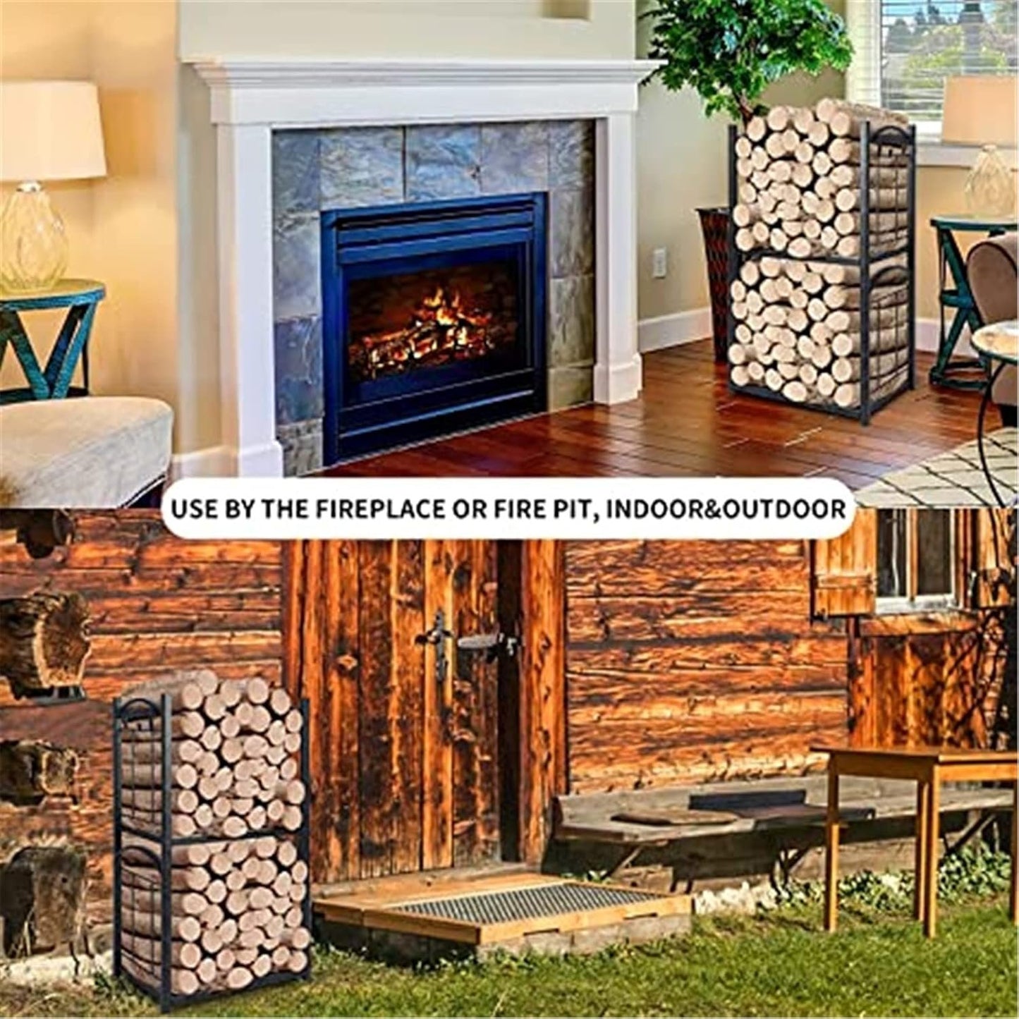 Fireplace Log Rack Fireplace Log Rack Indoor Fireside Companion Set Outdoor Log Holder for Wood Burner Wrought Iron Log Storage Tool Set Wood Stove Fireplace Accessories (Black 85x32x46cm)