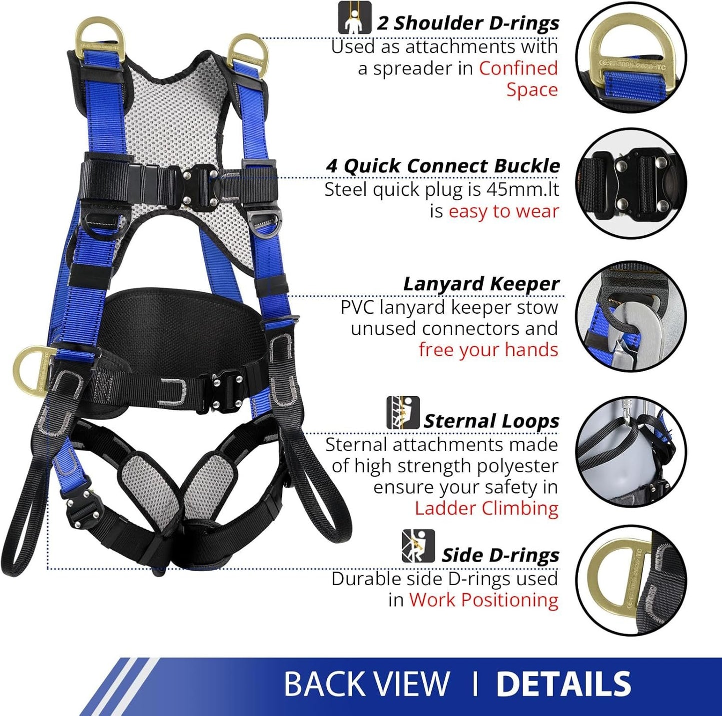 TRSMIMA Safety Harness Fall Protection - Upgrade 4 Quick Release Buckle Construction Full Body Harness with 6 Point Adjustment Dorsal D-ring