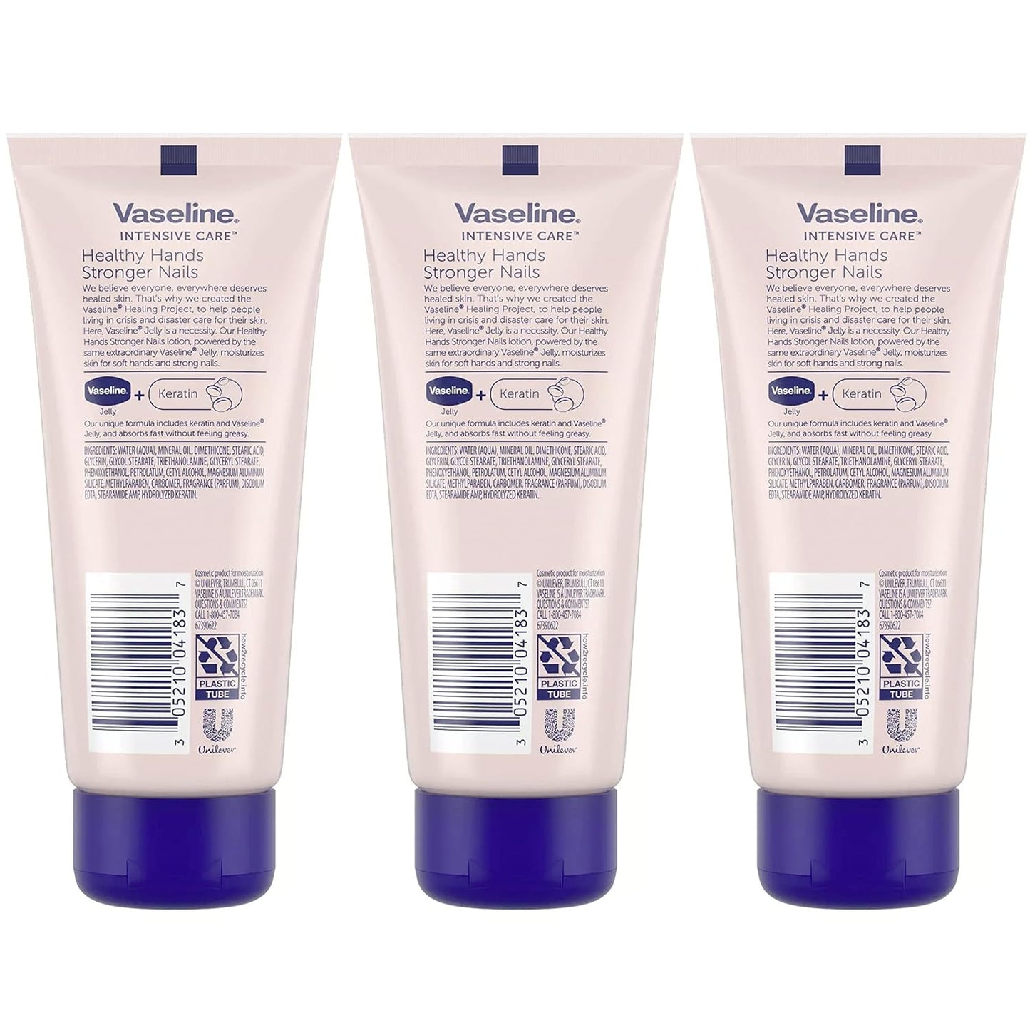 Vaseline Lotion, Healthy Hands Stronger Nails with Keratin 3-Pack – Intensive Care Hand Lotion with Petroleum Jelly, 3.4 Oz Ea