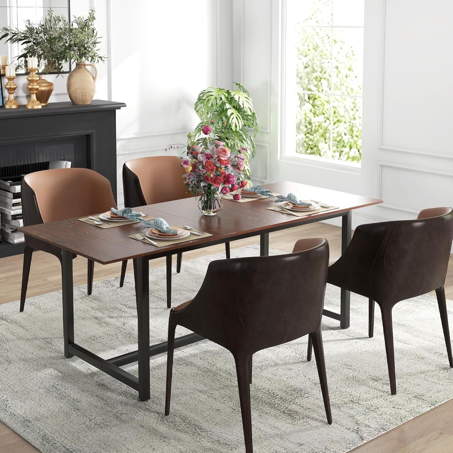 HOMCOM Extendable Dining Table for 4-6, Industrial Folding Kitchen Table with Steel Frame, 63"-79" Adjustable Tabletop, Brown Wood Grain