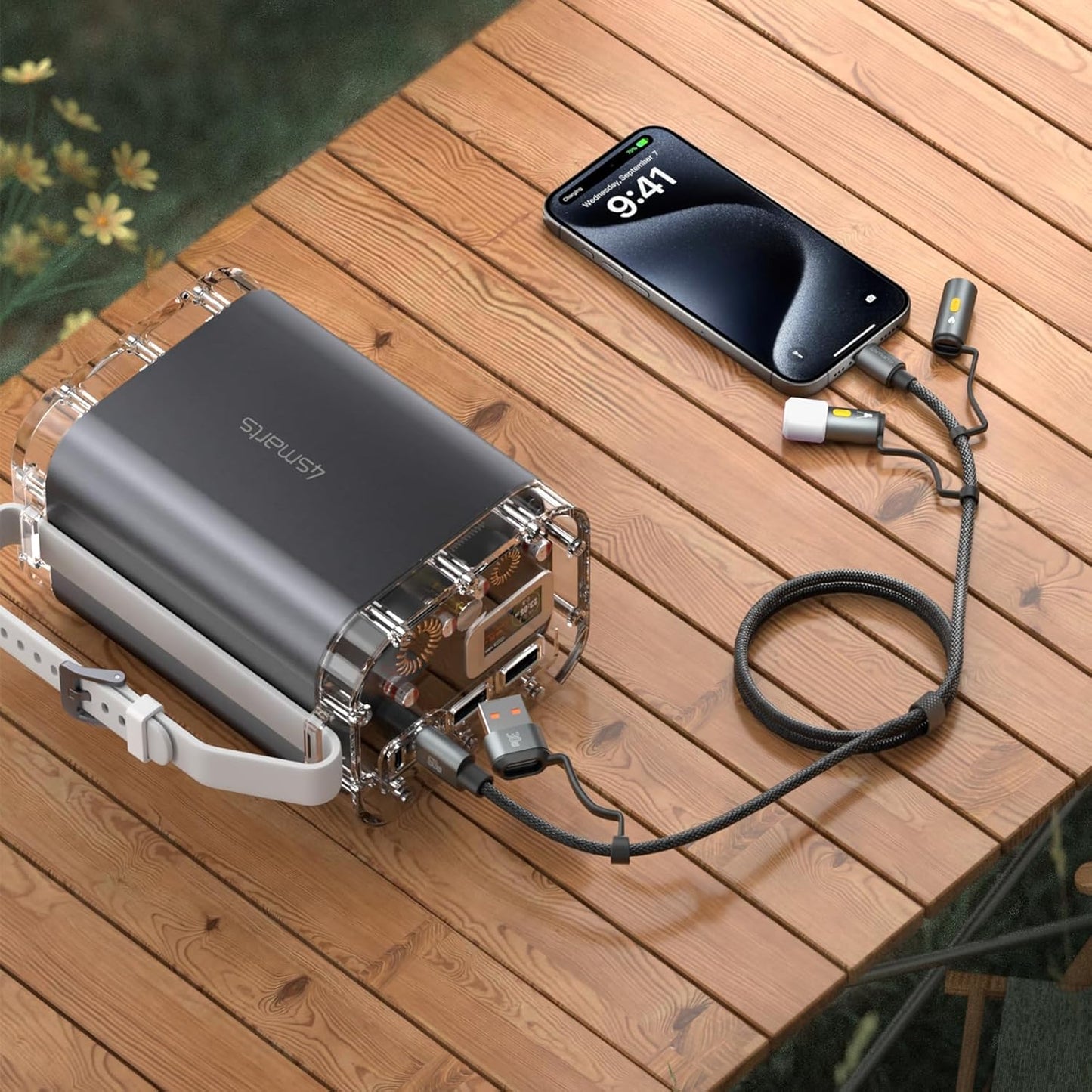 4smarts 6-in-1 Outdoor Explorer Lightning/USB-A/USB-C to USB-C Cable with Emergency Light & Fire Starter, 60W Charging Cable with Survival Tools, 4ft/1.2m Rugged Design for Camping, Hiking & Travel