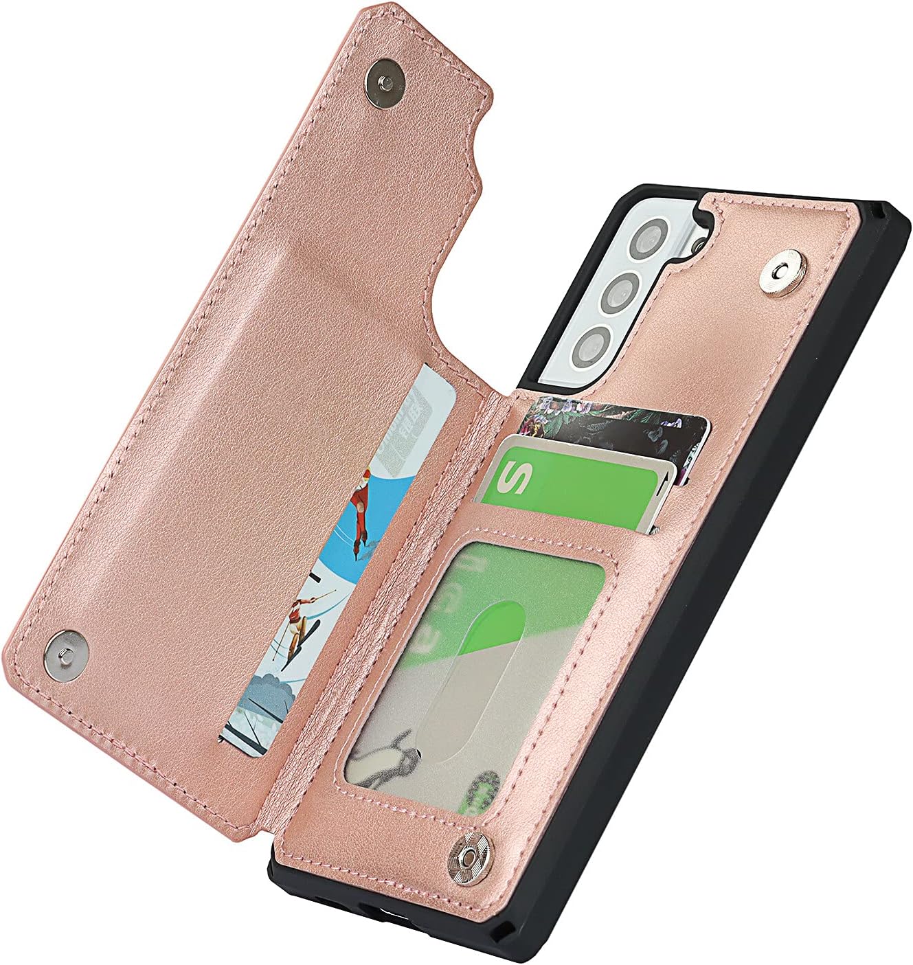 Cavor PU Leather Wallet for Samsung Galaxy S21/ S21 5G Case Flip Magnetic Clasp Back Cover Shockproof Soft TPU Phone Cases with Lanyard & Card Slots Holder & Kickstand Protective Case-Rose