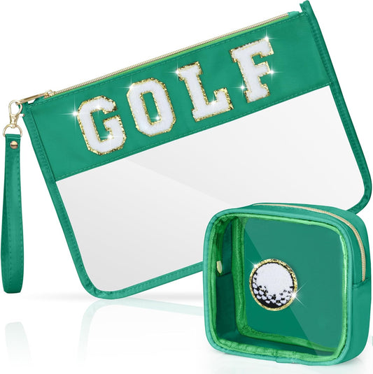 2 Pcs Golf Gifts Cosmetic Makeup Bag with Chenille Letter Patch, Clear Pouch PVC Organizer Purse, Waterproof Travel Bag, Portable Toiletry Storage Bag for Her Girls Friends Women