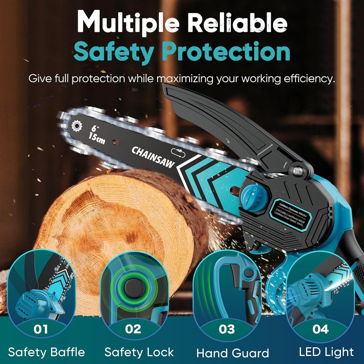 Mini Chainsaw Cordless 6 Inch, Battery Powered Chainsaw with LED Light, Safety Lock, Copper Motor, 21V Rechargeable Battery, Tool-Free Installation for Tree Trimming & Wood Cutting