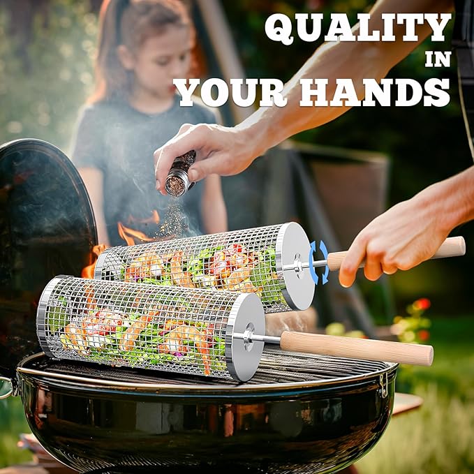 Rolling Grill Basket(2PCS), Removable Wooden Handle, 304 Stainless Steel, Nesting Grilling Net, BBQ Accessories Tool for Vegetable Shrimp, Outdoor Cooking Camping, Birthday Gifts for Men Dad Husband