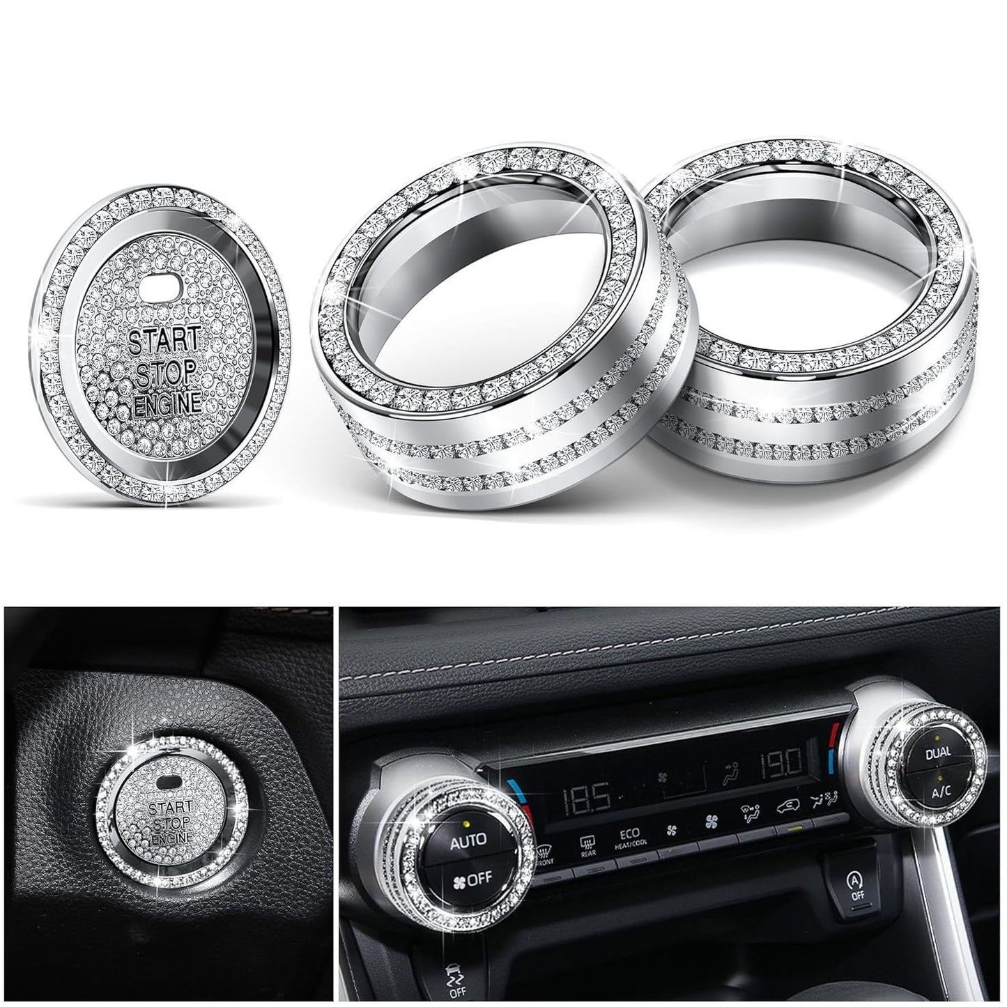 Polodunn Bling Crystal Car Interior Accessories for Toyota Rav4 2025 2024 2023 2022 2021 2020 2019 - Air Conditioner Knob Cover, Push Start Button Trim Rings (4 pcs)