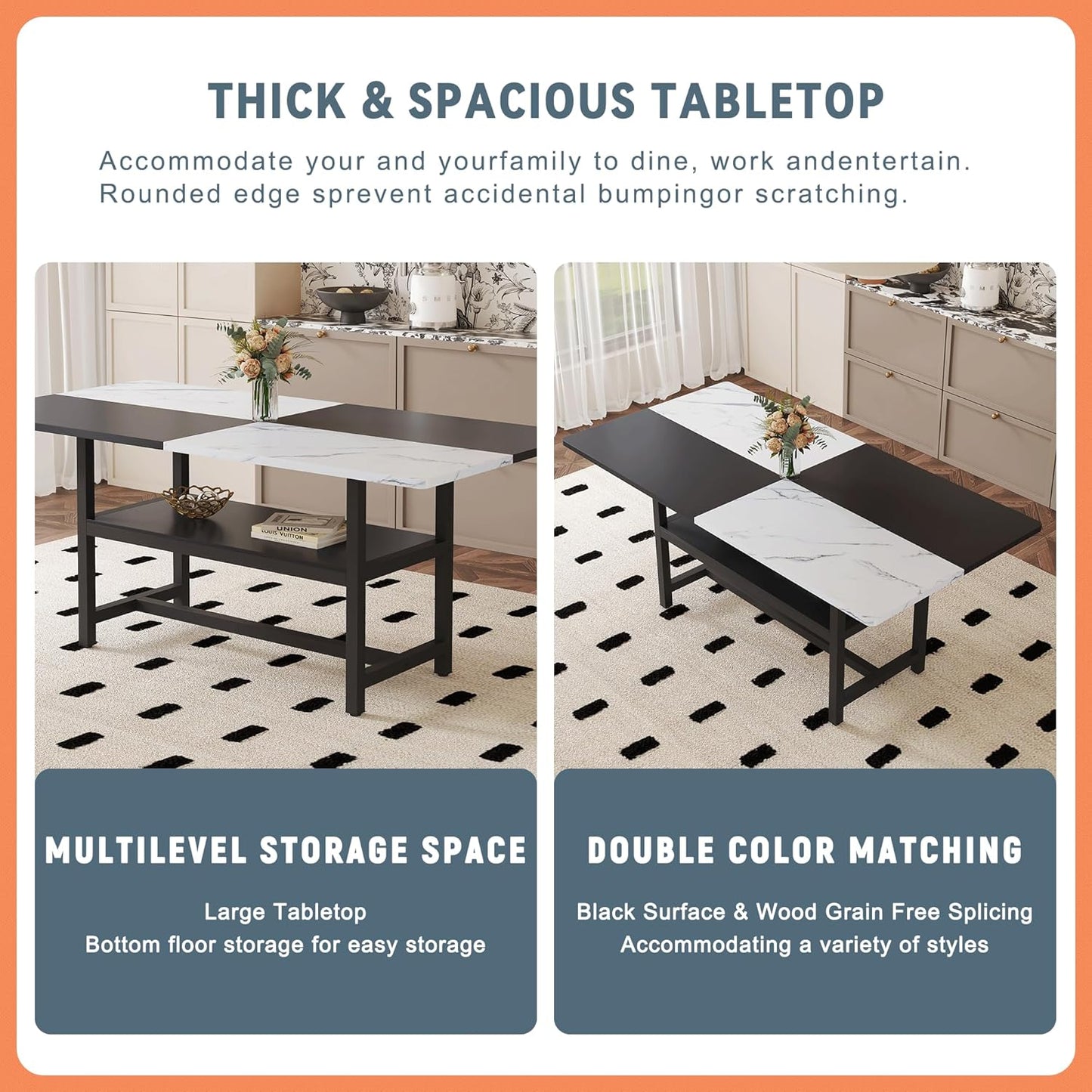 Dinner Table Set for 6, 71" Modern Dining Table Set for 6, Black and White Splicing Tabletop with Storage Shelf, Faux Marble Dining Table and 6 Upholstered Chairs for Kitchen, Dining Room