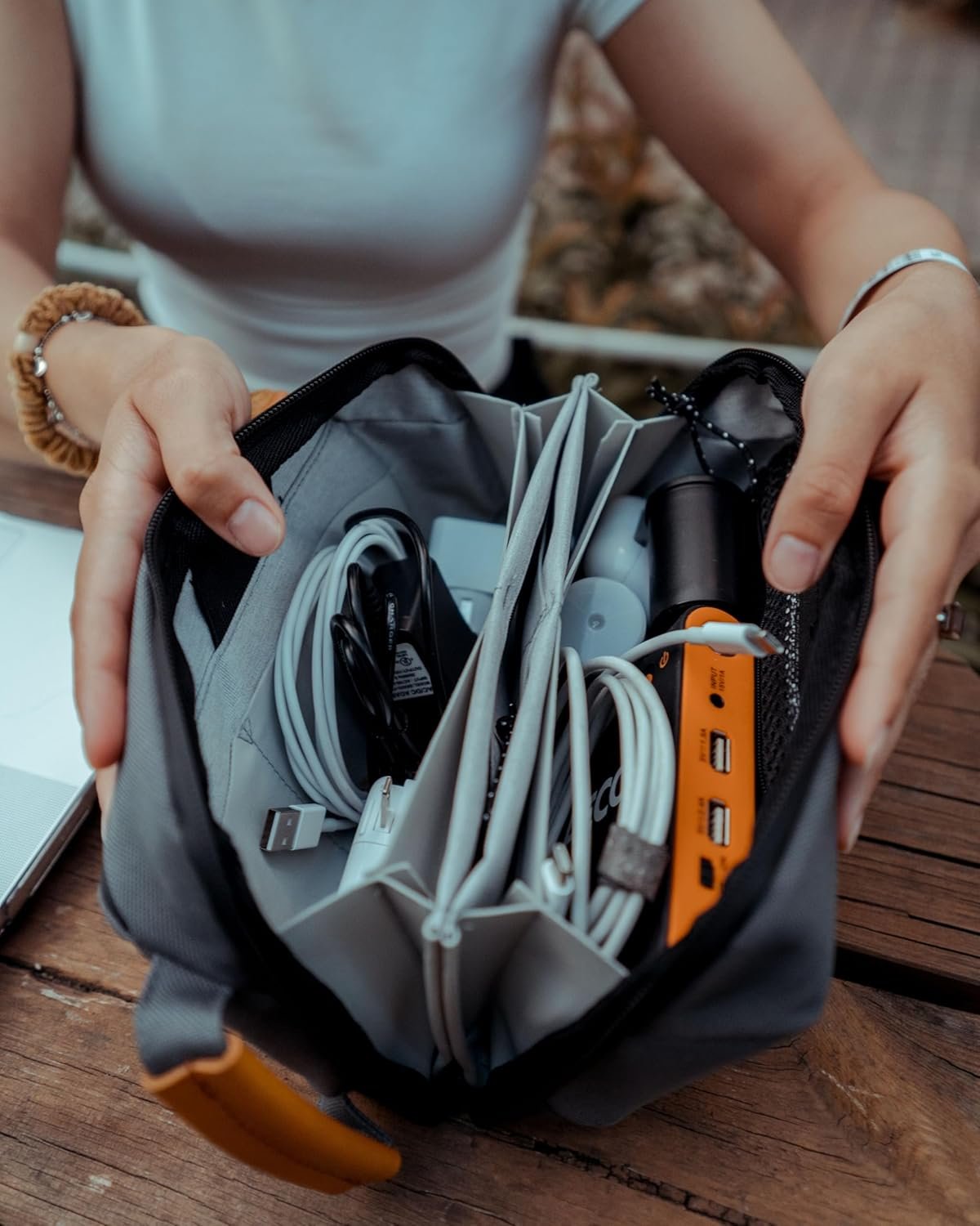 Tripped Travel Gear Tech Bag Organizer - Small Electronics Organizer Pouch for Travel - Premium Travel Case with Leather Accents - Mesh Pocket for Cables, Cords and Chargers - (