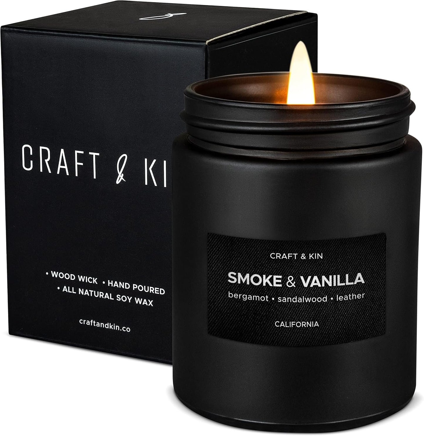 Craft & Kin Scented Black Candles for Men | Fathers Day Gift for Dad | Premium Smoke & Vanilla Spring Scented Candles | Long Lasting with 45 Hour Burn Time, 7.6oz