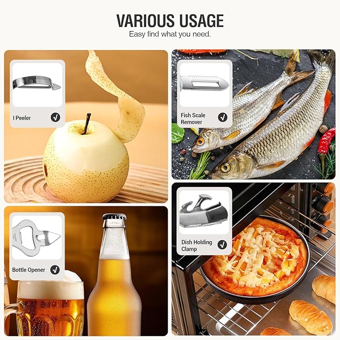 Stainless Steel Kitchen Gadget Set, HIFIND 9 PCS Cooking Gadgets Tools Set with Soft Touch Handles, Pizza Cutter, Peeler, Cheese Grater, Bottle Opener, Egg Separator, Grill Spatula, Holding Clamp
