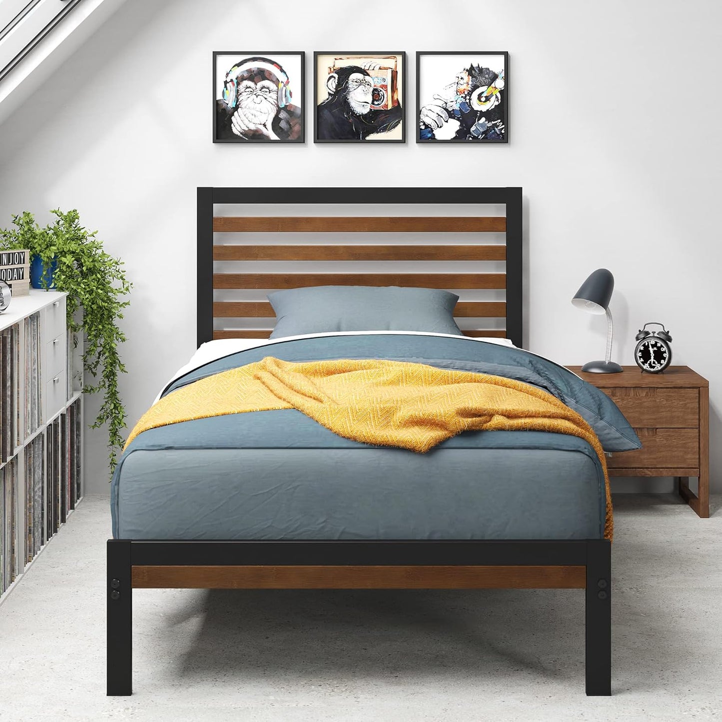 Zinus Kai Bamboo and Metal Bed Frame Hybrid Platform Base with Footboard - King Single