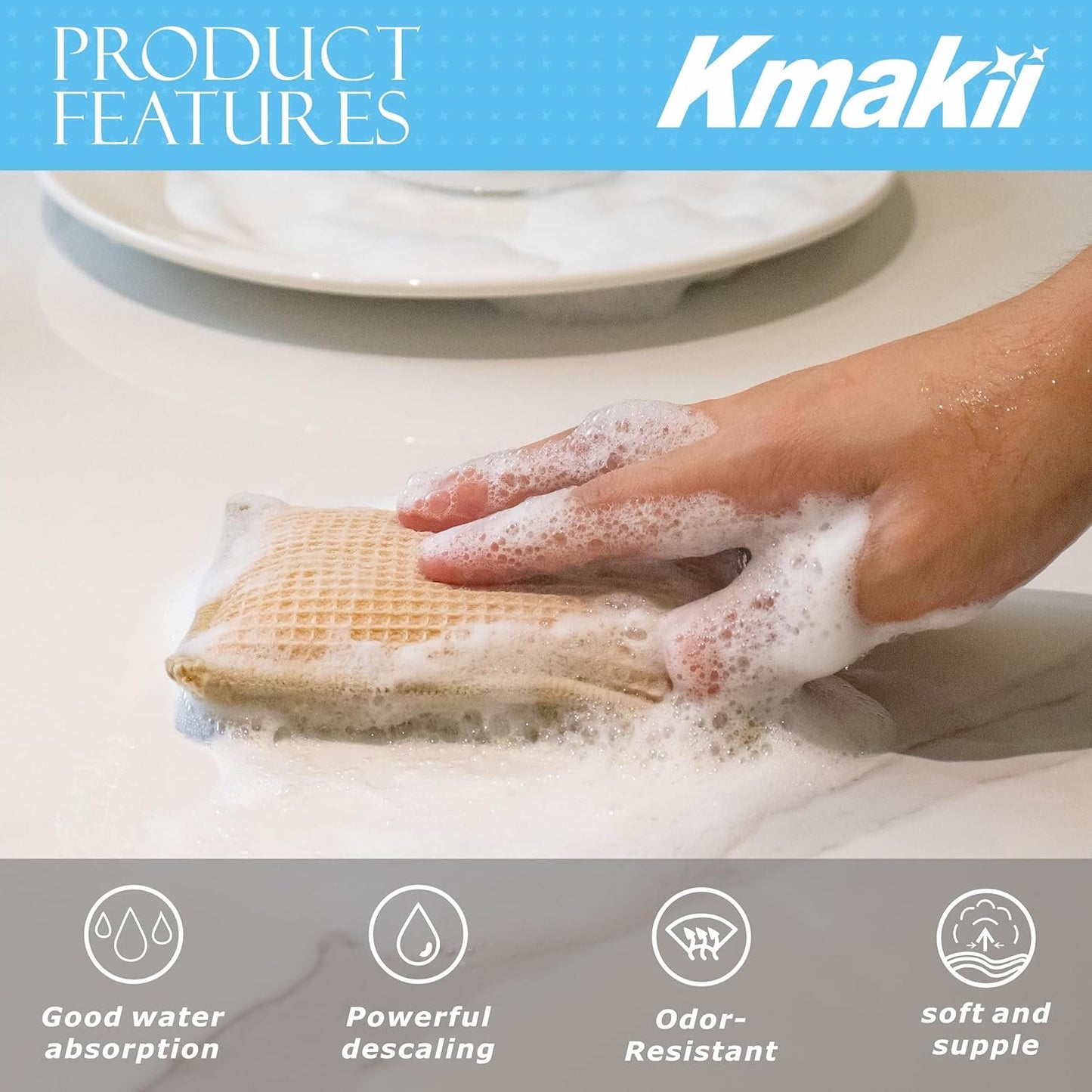 KMAKII Bamboo Kitchen Sponges Dish Sponge Super Absorbent Natural Dish Sponges, Pack of 6
