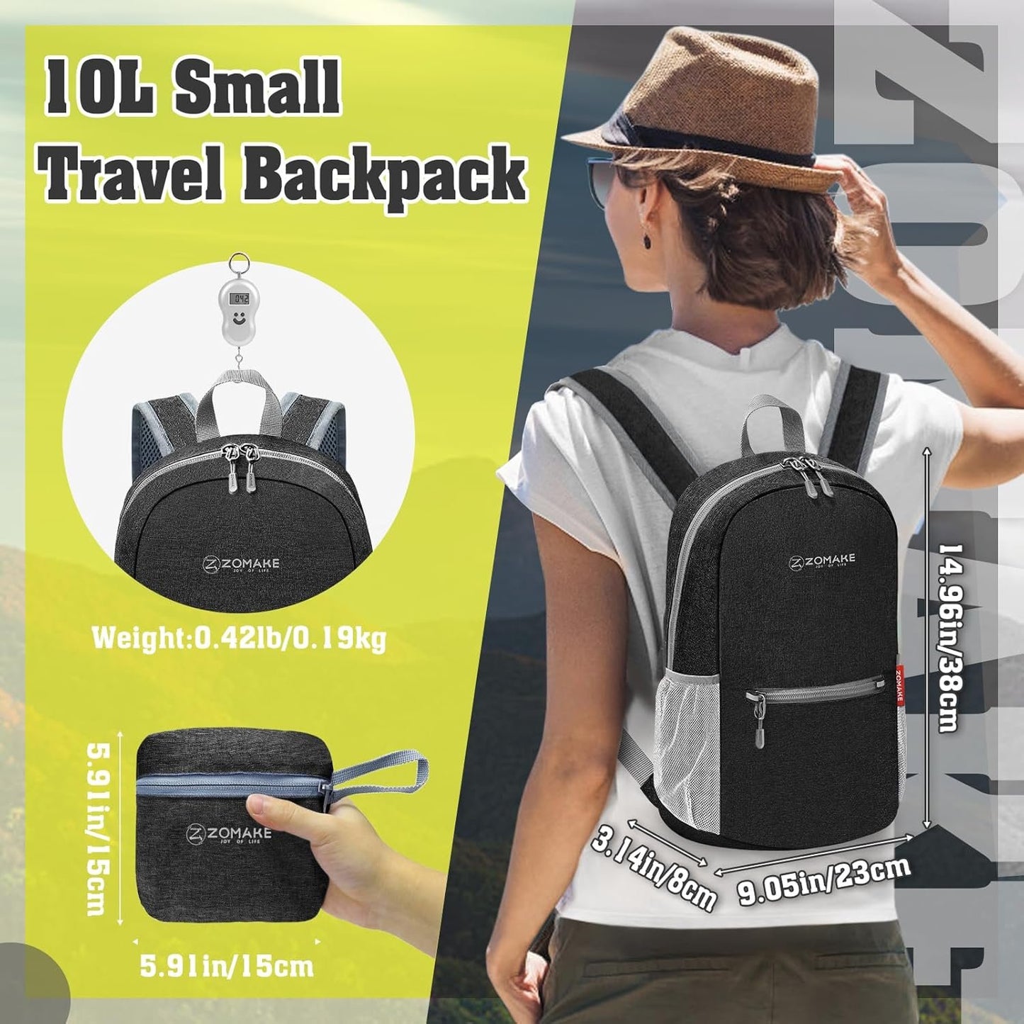 ZOMAKE 10L Travel Backpack - Lightweight Folding Backpacks, Small Hiking Daypack for Camping Outdoor Walking Cycling Holiday