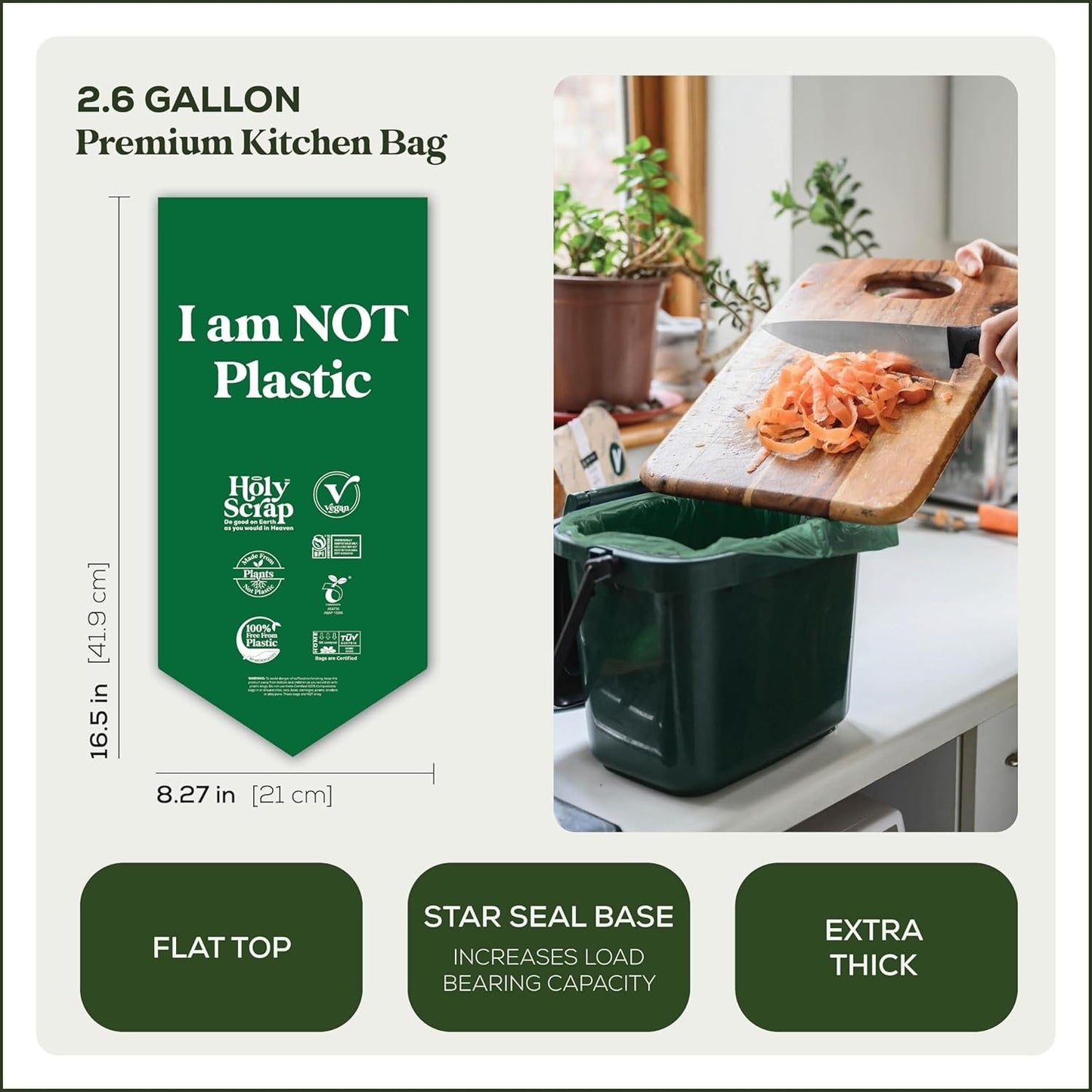 Holy Scrap! Compostable Trash Bags Small - Pack of 200 - Kitchen Compost Bags 2.6 Gallon Trash Bags - Compost Biodegradable Bags 1-3 Gallon Countertop Garbage Bin - Bathroom Bio Mini Trash Can Liners