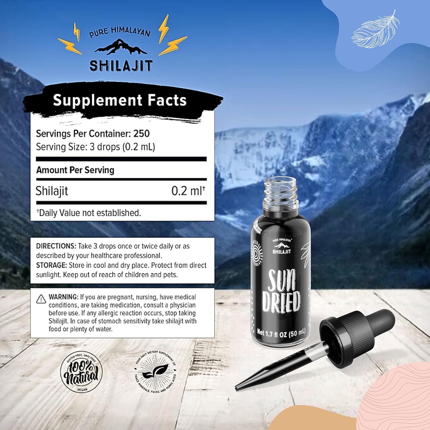 Pure Himalayan Shilajit ®, Sun Dried Liquid Drops - Immune Support Supplement, Energy Boost, Detox Cleanse, Anti-Aging and Wellness - Natural Trace Minerals & Fulvic Acid Complex (50ml, Pack of 1)
