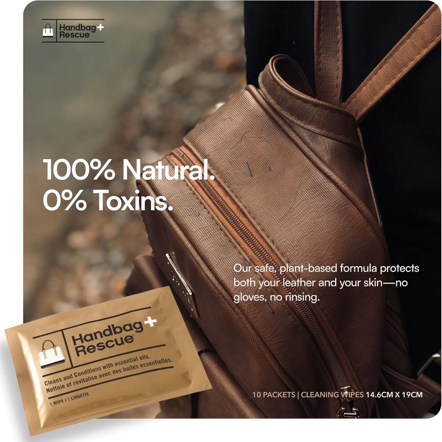 HandBagRescue All-Natural Cleaning Wipes | 10 Individually Wrapped Wipes | Instantly Remove Dirt & Surface Stains & Condition Leather Handbags & Purses with Essential Oils