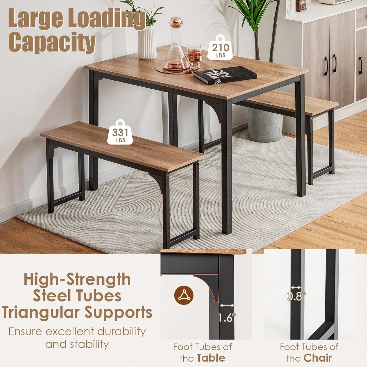 Nafort 3-Piece Dining Table with Benches, Modern Wood Kitchen Table & Benches Set for 4-6 Person, Metal Frame & Wood Tabletop Kitchen Dining Room Furniture Set, Natural &Black