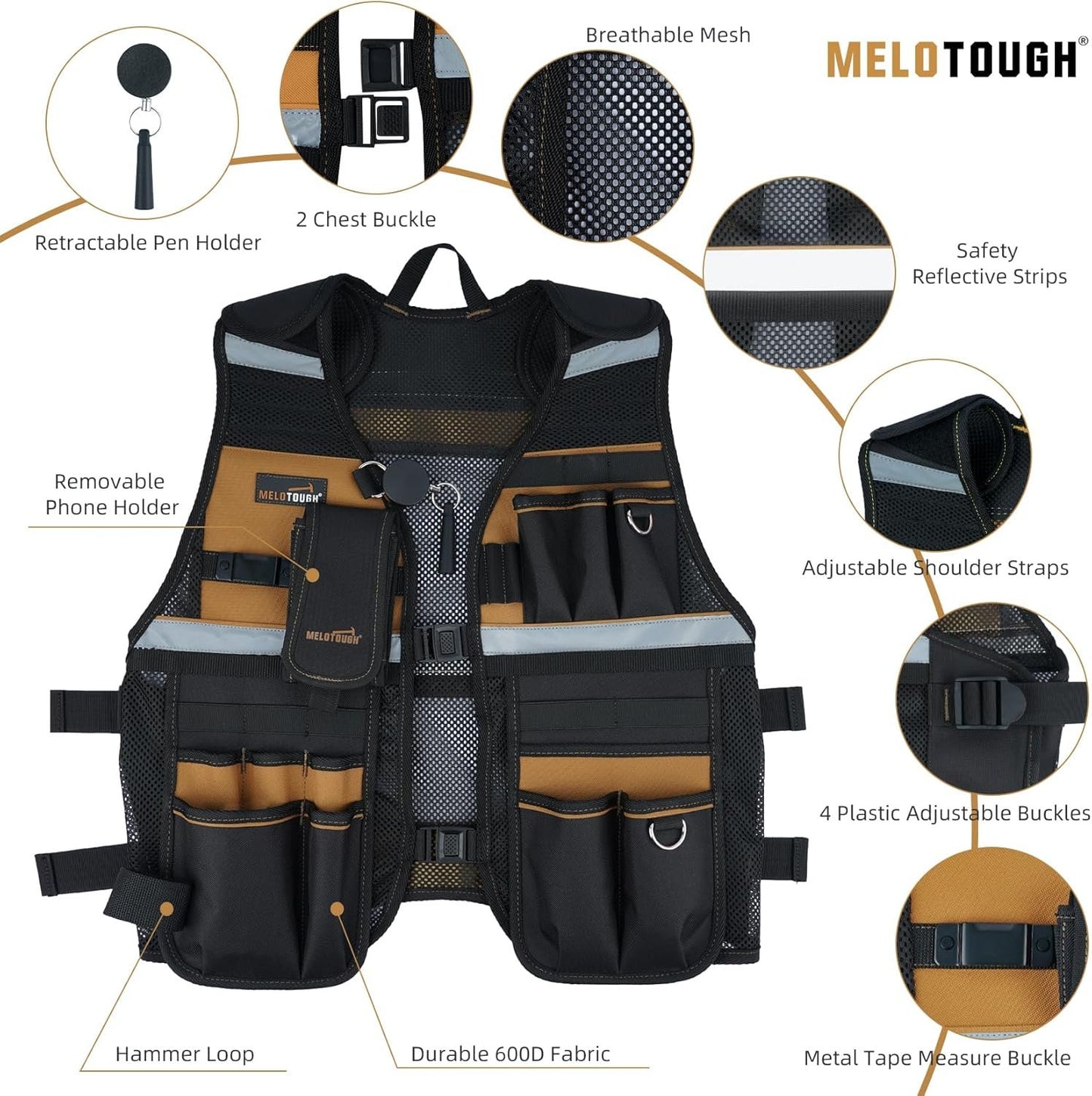 MELOTOUGH Tool Vest Reflective Safety Tool Vest with Removable Phone Holder for Electrician,Carpenter,Construction