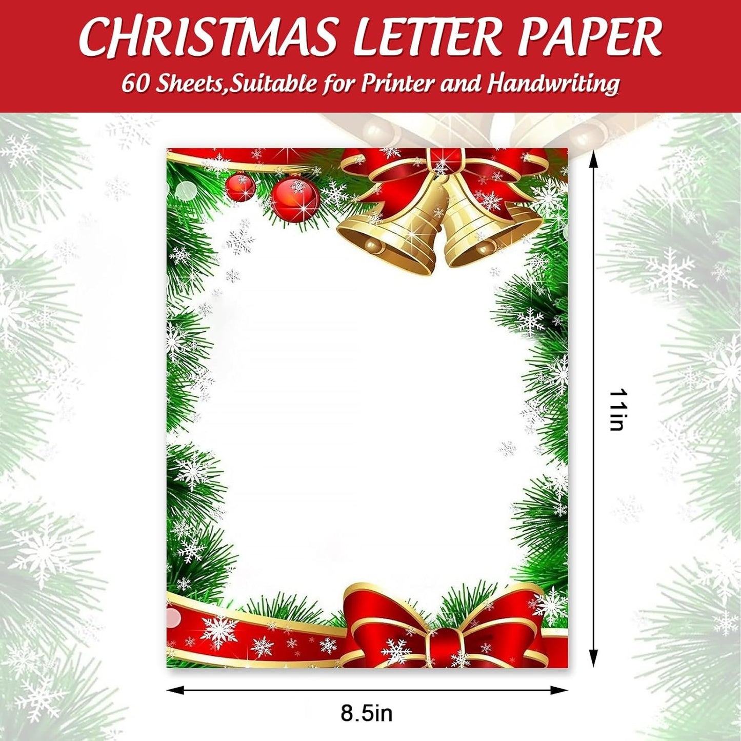 AnyDesign 60Pcs Christmas Stationery Paper Xmas Bell Design Border Letterhead Decorative Letter Writing Paper for Notes Greeting Cards Invitation Office School Printing, 8.5 x 11 Inch