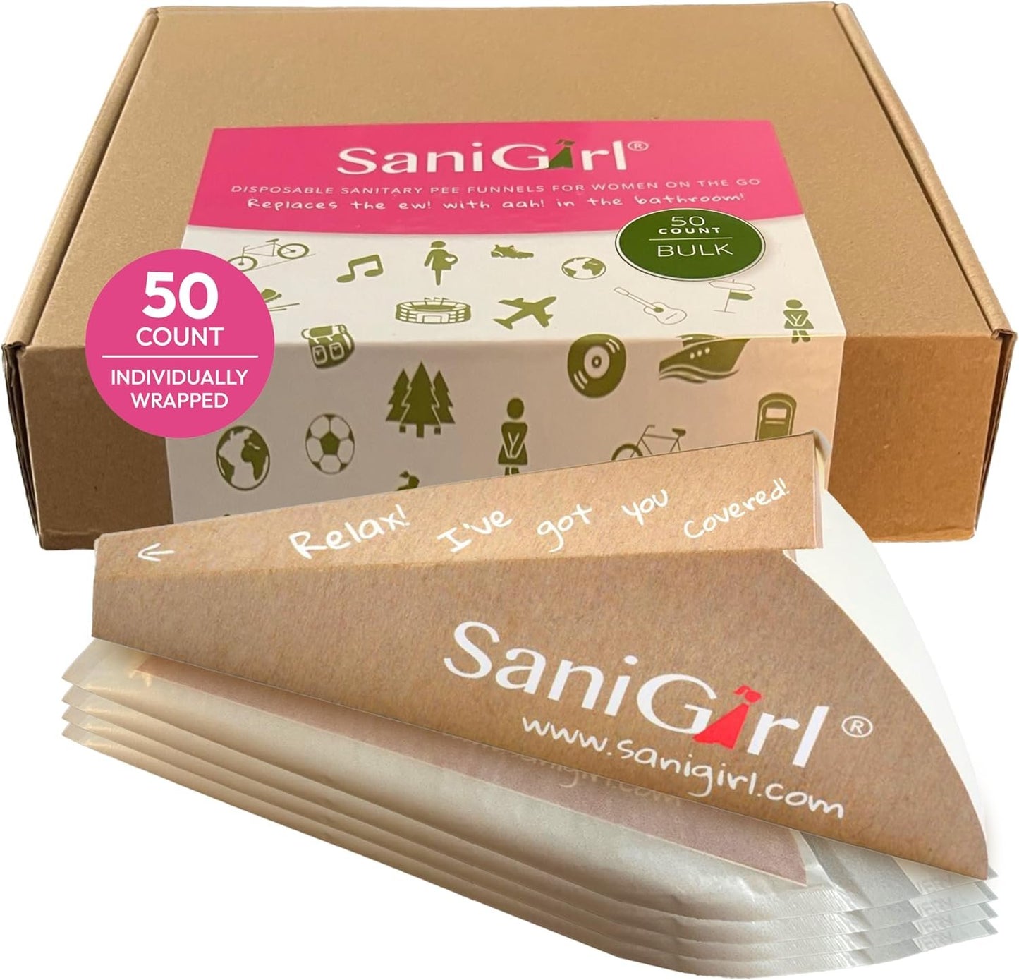 SaniGirl Travel Urinal for Women | Female Urination Device Disposable | Feminine Hygiene Products to Pee Standing Up | Travel Toiletries Camping and Festival Essentials (50 Count Individually Wrapped)