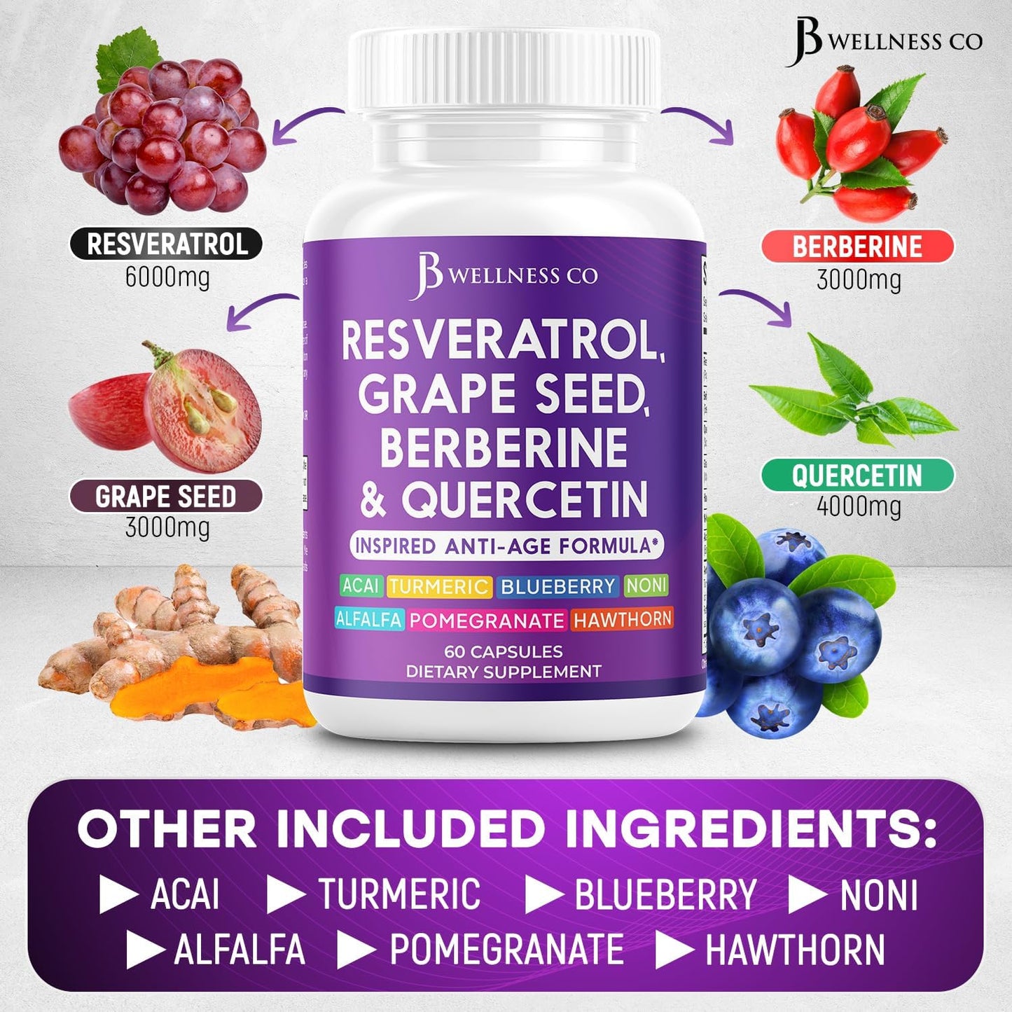 JB Wellness Resveratrol Grape Seed Extract, Berberine, Quercetin - Polyphenol Supplement for Women and Men with Noni Extract, N-Acetyl Cysteine, Acai Extract - 60 Capsules