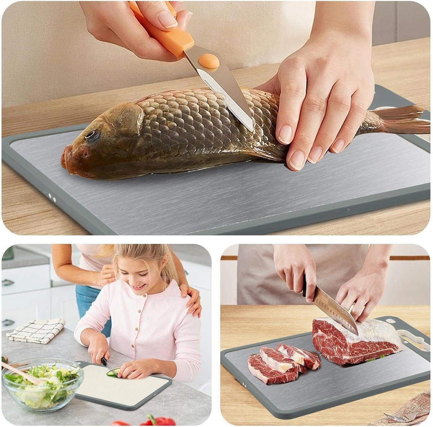 Stainless Steel Cutting Board - Chopping Board | Cutting Boards for Kitchen | Kitchen 2-Sided Cooking Chopping Board | Chicken Beef Tomato Oranges Handling Mat Housewife Solution for Dormitory, Picnic