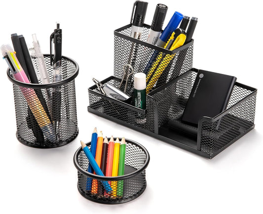 Desk Organisers Set with Pen Holder, Metal Mesh Pencil Holder for Office Desktop Storage and Organise, Desk Drawer Organizer for Small Desk Accessories and Stationeries, Back to School Gifts