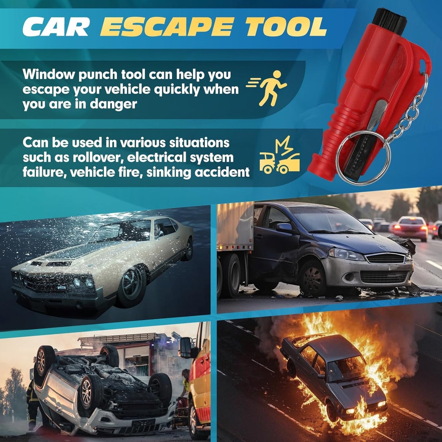 NINEMAX Car Window Breaker Seatbelt Cutter, Pack of 8 Glass Breaker Keychain, 3 in 1 Car Escape Tool Safety Emergency Hammer Window Punch Tool Underwater Rescue