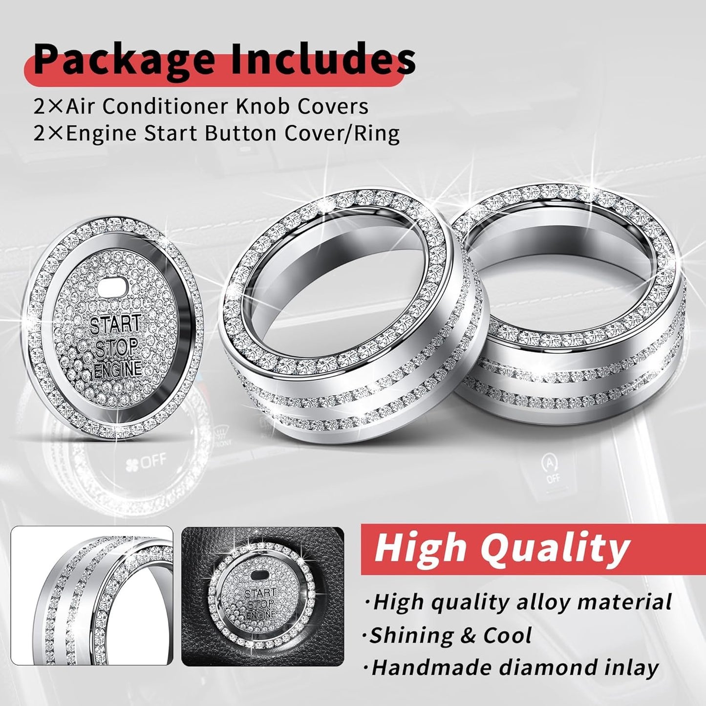 Polodunn Bling Crystal Car Interior Accessories for Toyota Rav4 2025 2024 2023 2022 2021 2020 2019 - Air Conditioner Knob Cover, Push Start Button Trim Rings (4 pcs)