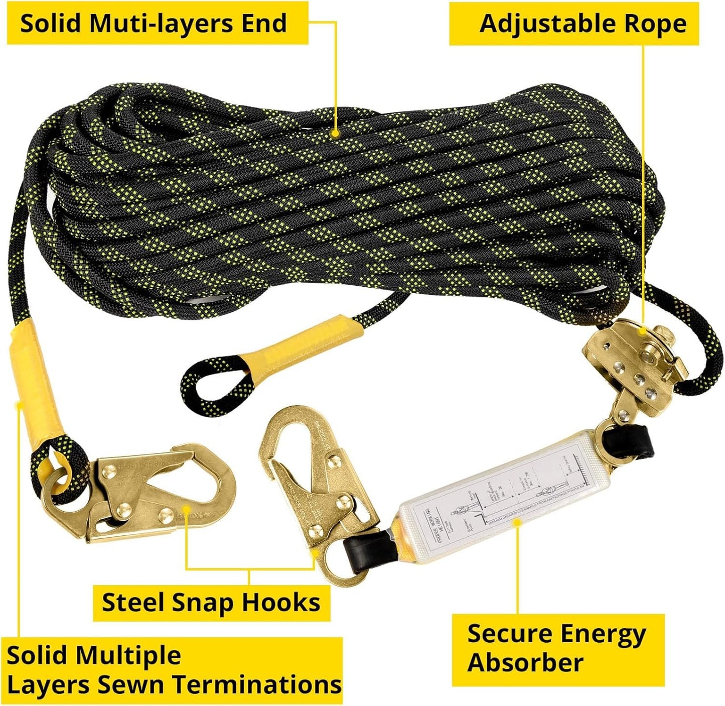 TRSMIMA Rope Harness Safety Lanyard:50ft Vertical Roofing Rope With Grab Snap Hooks Shock Absorber - Fall Protection Tree Climbing Line Kit Heavy Duty Roof Safety Equipment ANSI CE