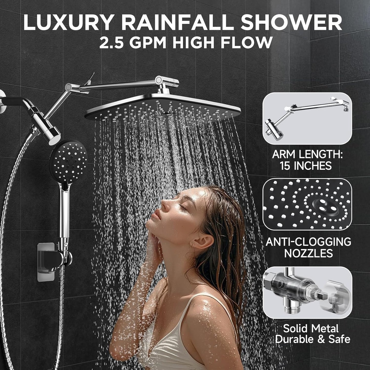 Veken Wide Rain Shower Head with 6 Modes Handheld Water Spray,High Pressure Showerhead Combo with Arm for Bathroom Accessories,Home Decor Adjustable Dual Shower with Anti-Clog Nozzles,Silver Chrome