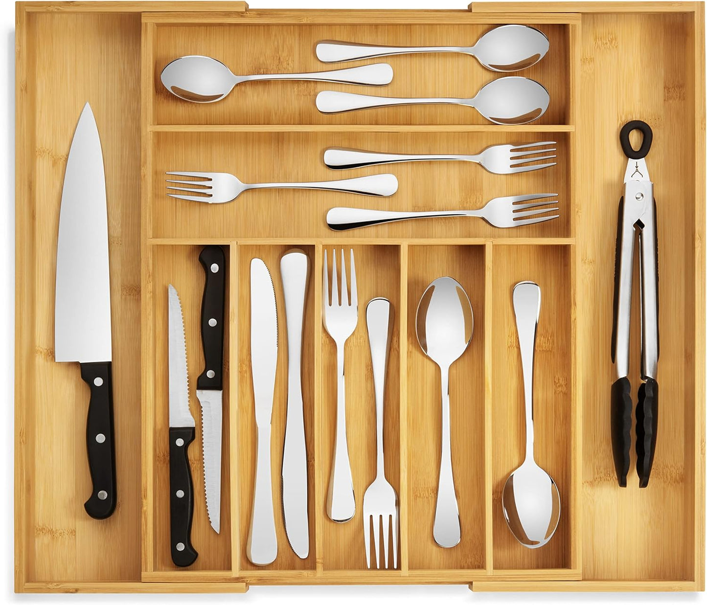 Purawood Bamboo Drawer Organizer - Expandable Silverware Organizer & Utensil Drawer Organizer, Cutlery Tray with Dividers, 7-9 Slots- Kitchen Organizer for Utensils & Flatware (Natural)`