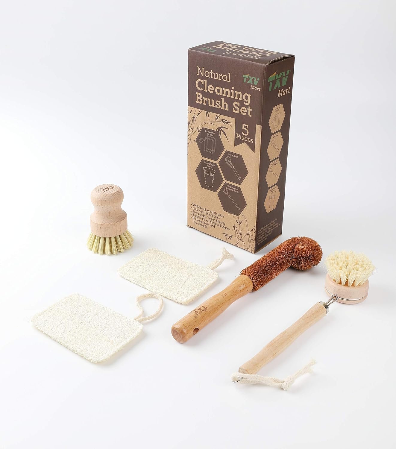 TXV Mart Eco-Friendly Natural Wooden Kitchen Cleaning Brush Set, 5 Piece, Wooden Dish Cleaning Brush Set, Loofah Dish Sponges, Dish and Bottle Scrubber Brushes