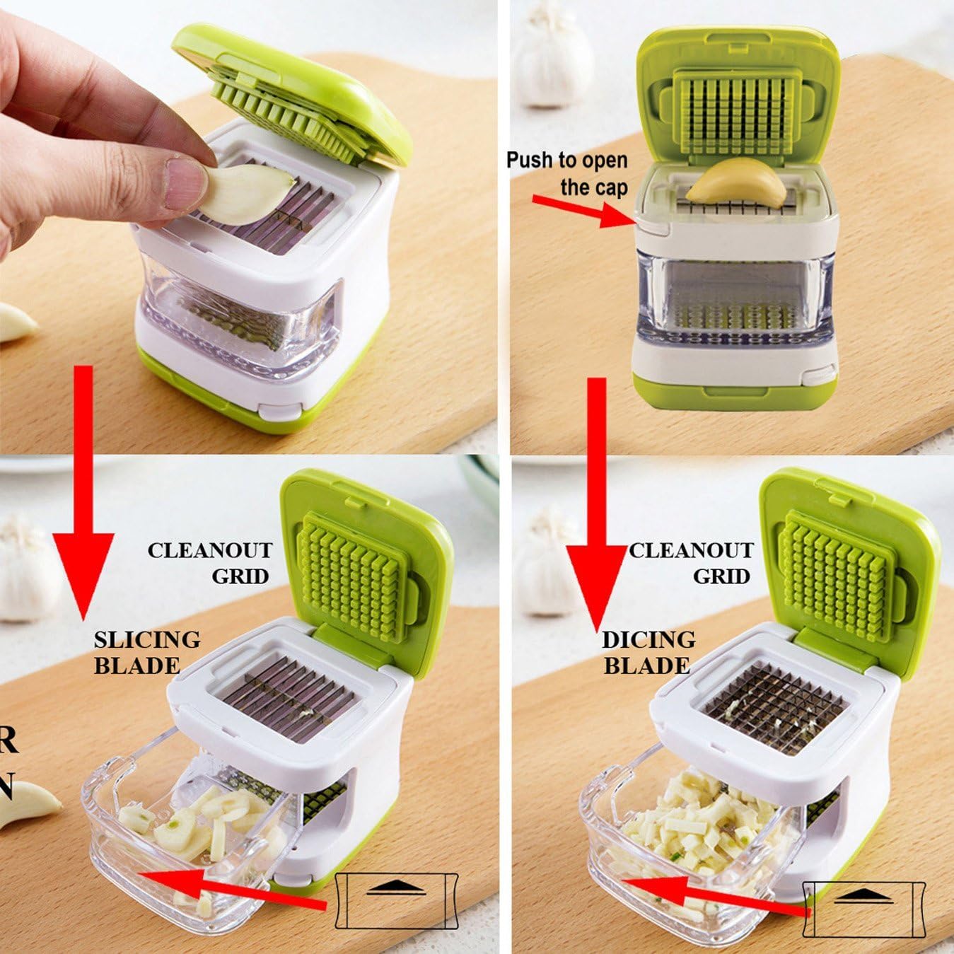 Coralpearl Garlic Ginger Press Cutter Mincer Chopper Crusher Slicer Grater Grinder Dicer Machine Food Aid in Plastic Stainless Steel with Silicone Peeler Kitchen Gadget Green Tool Set (Cube)