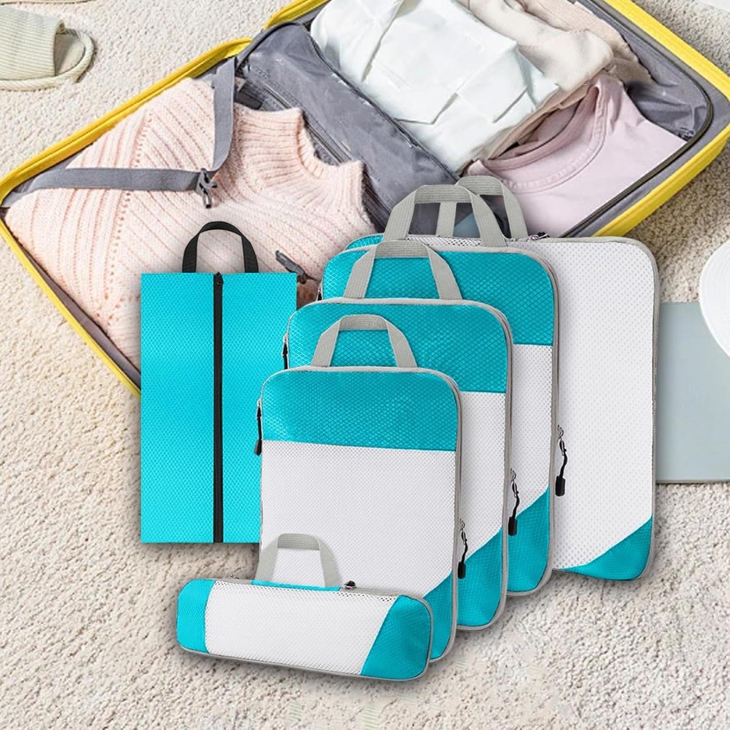 Gralara Ultimate Travel Packing Cubes Set for Seamless Organization, Sky Blue